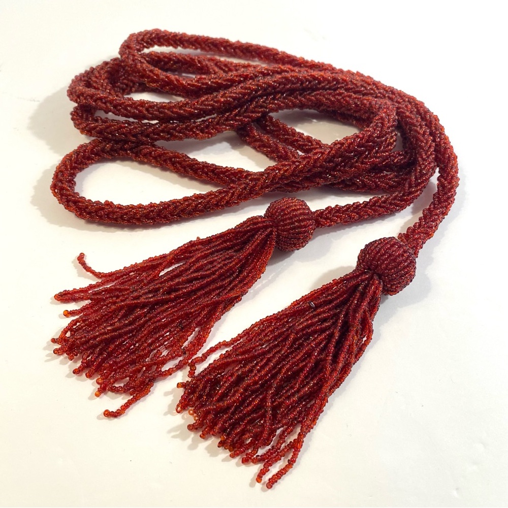 9 Ft Burgundy Red Crimson Glass Beaded Braided Garland + Tassels Holiday Decor - Picture 8 of 8